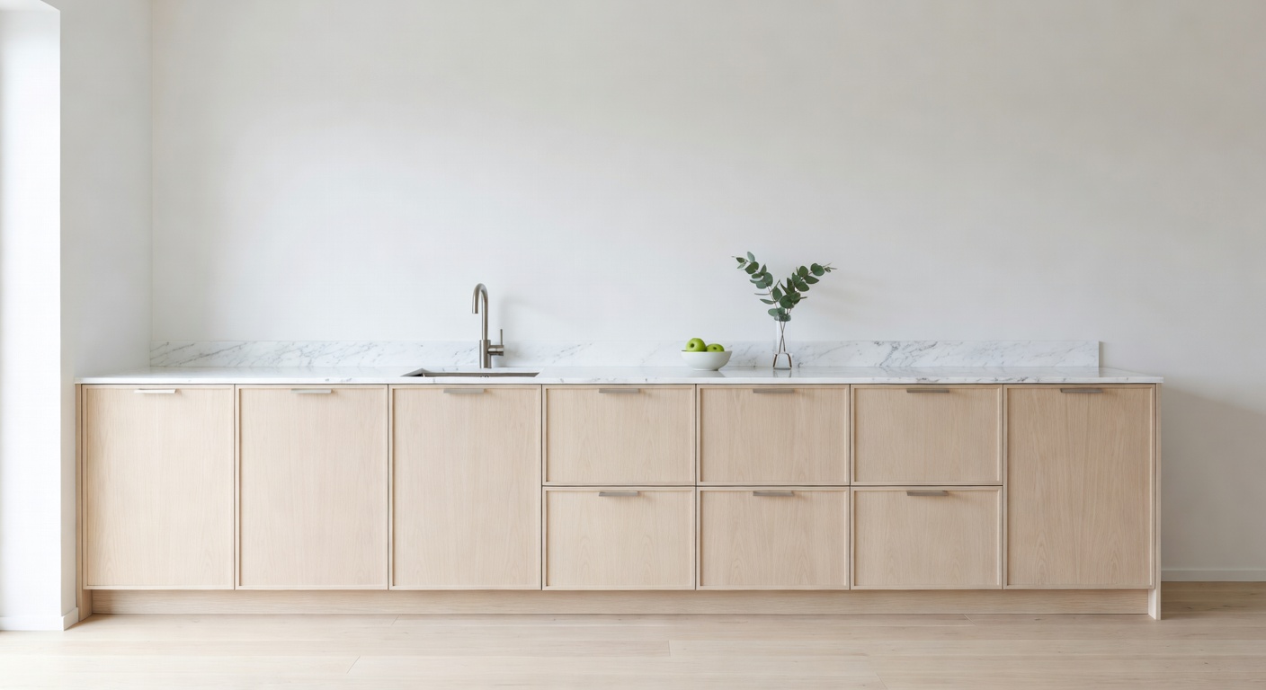 Cocina escandinava con armarios de madera natural y mármol blanco