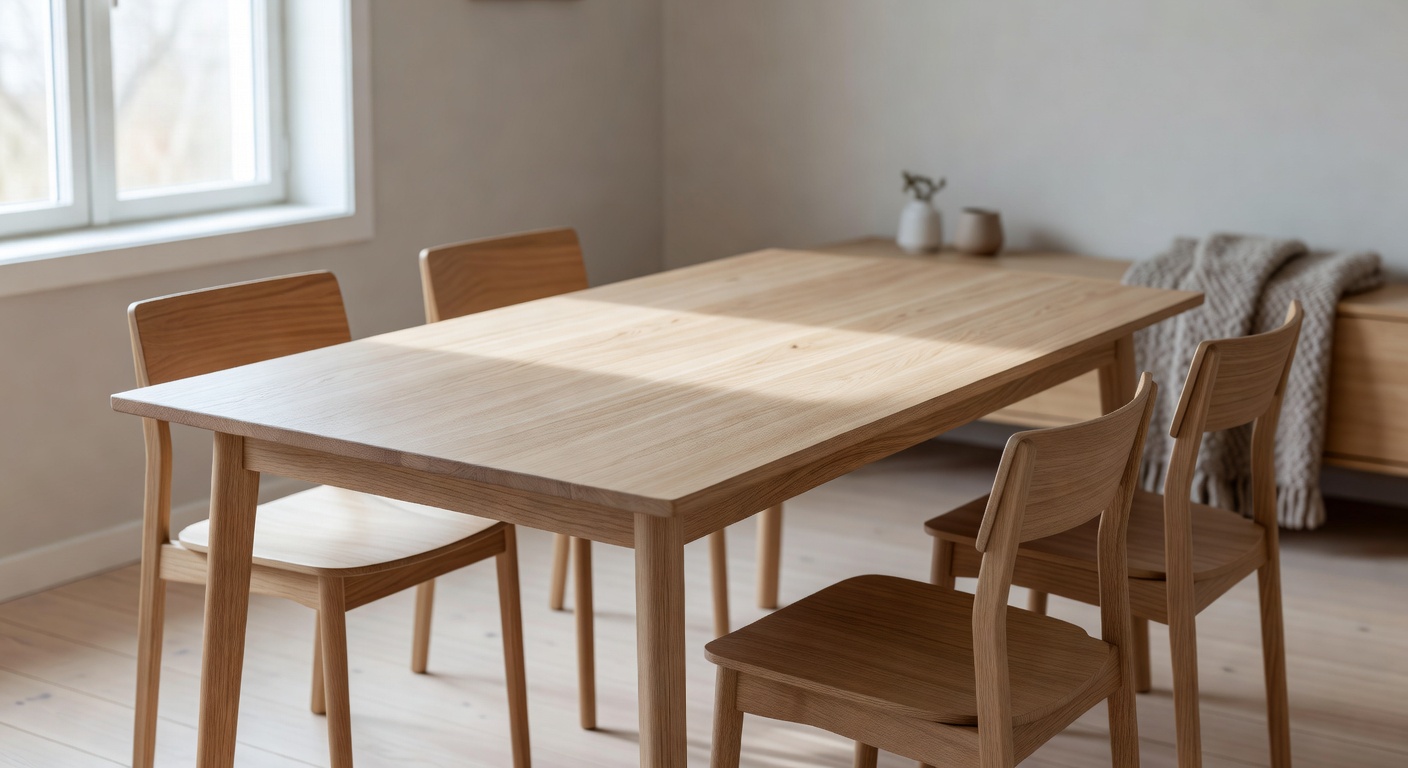 Mesa de comedor de roble escandinavo en un interior luminoso