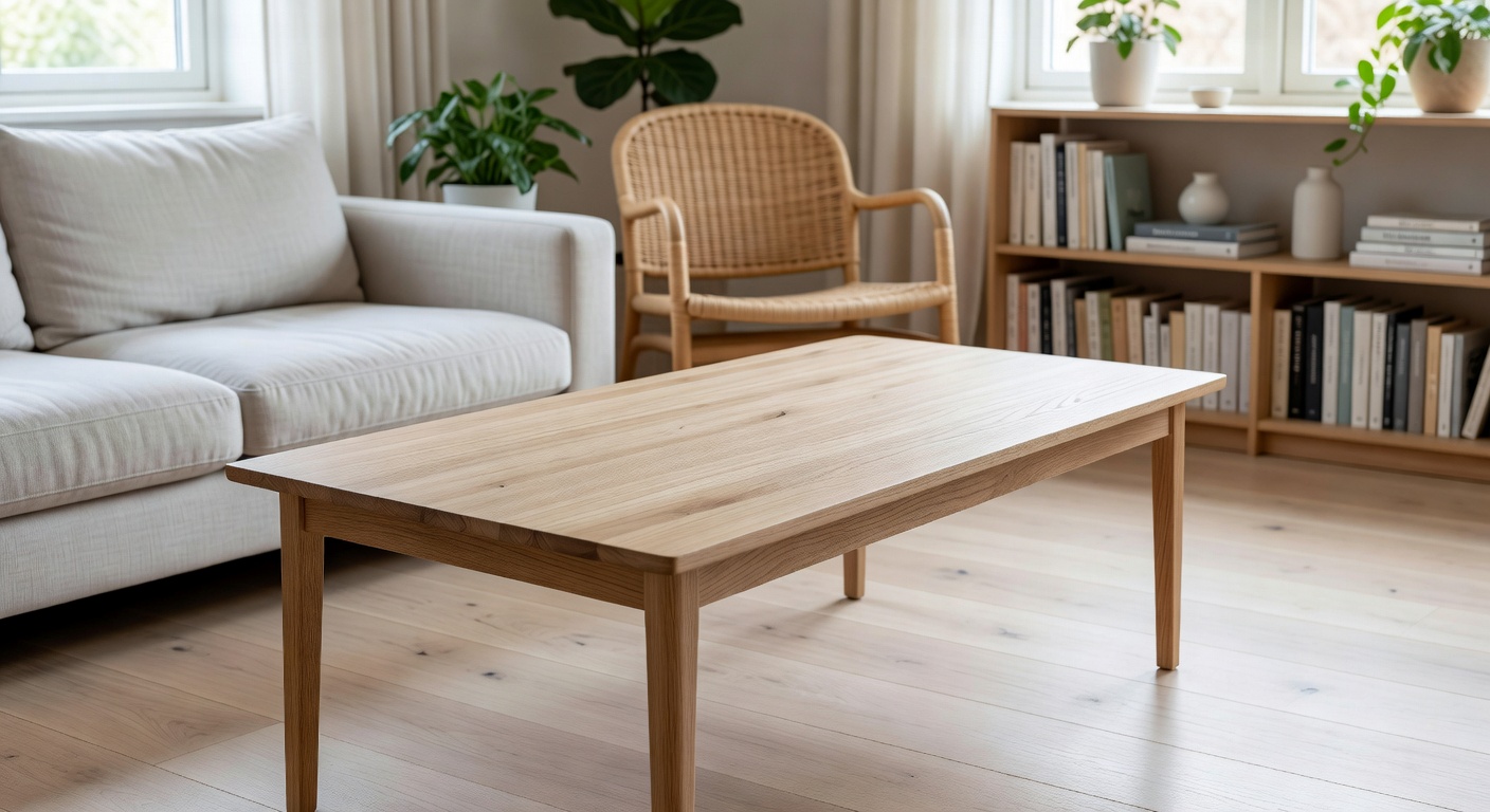 Mesa de café de madera escandinava en ambiente nórdico