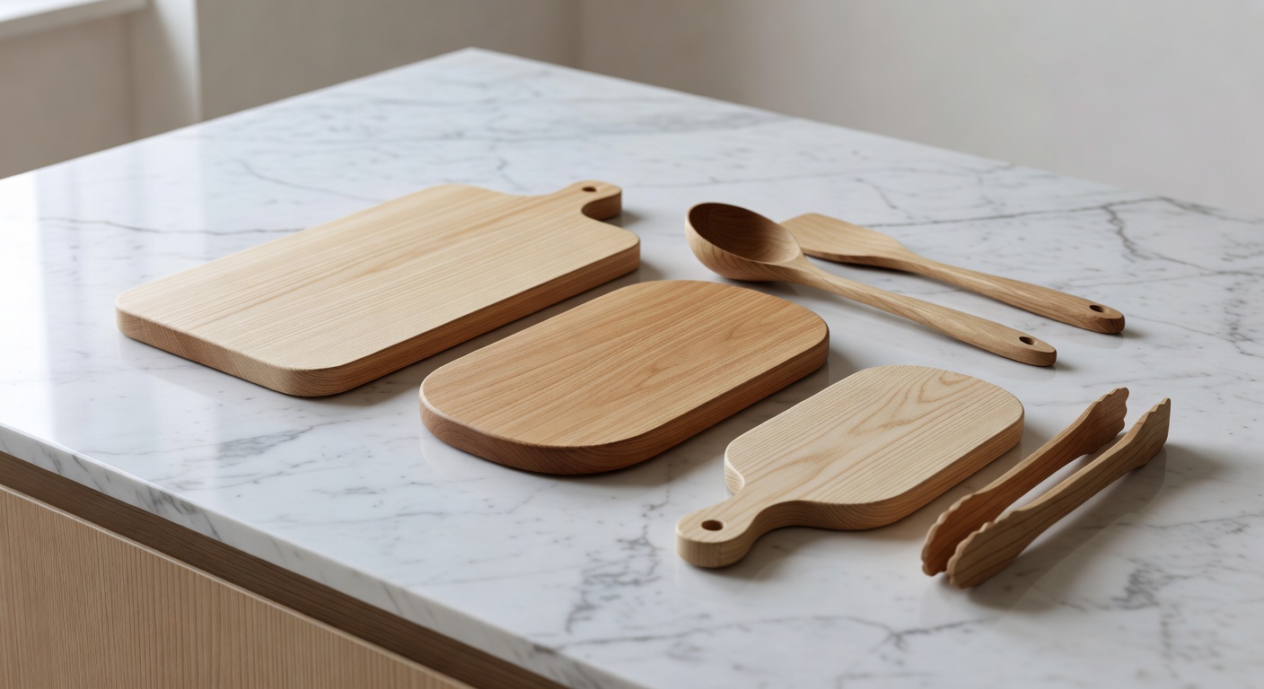 Set de utensilios de cocina de madera escandinava — espátulas, cucharas y paletas de madera natural